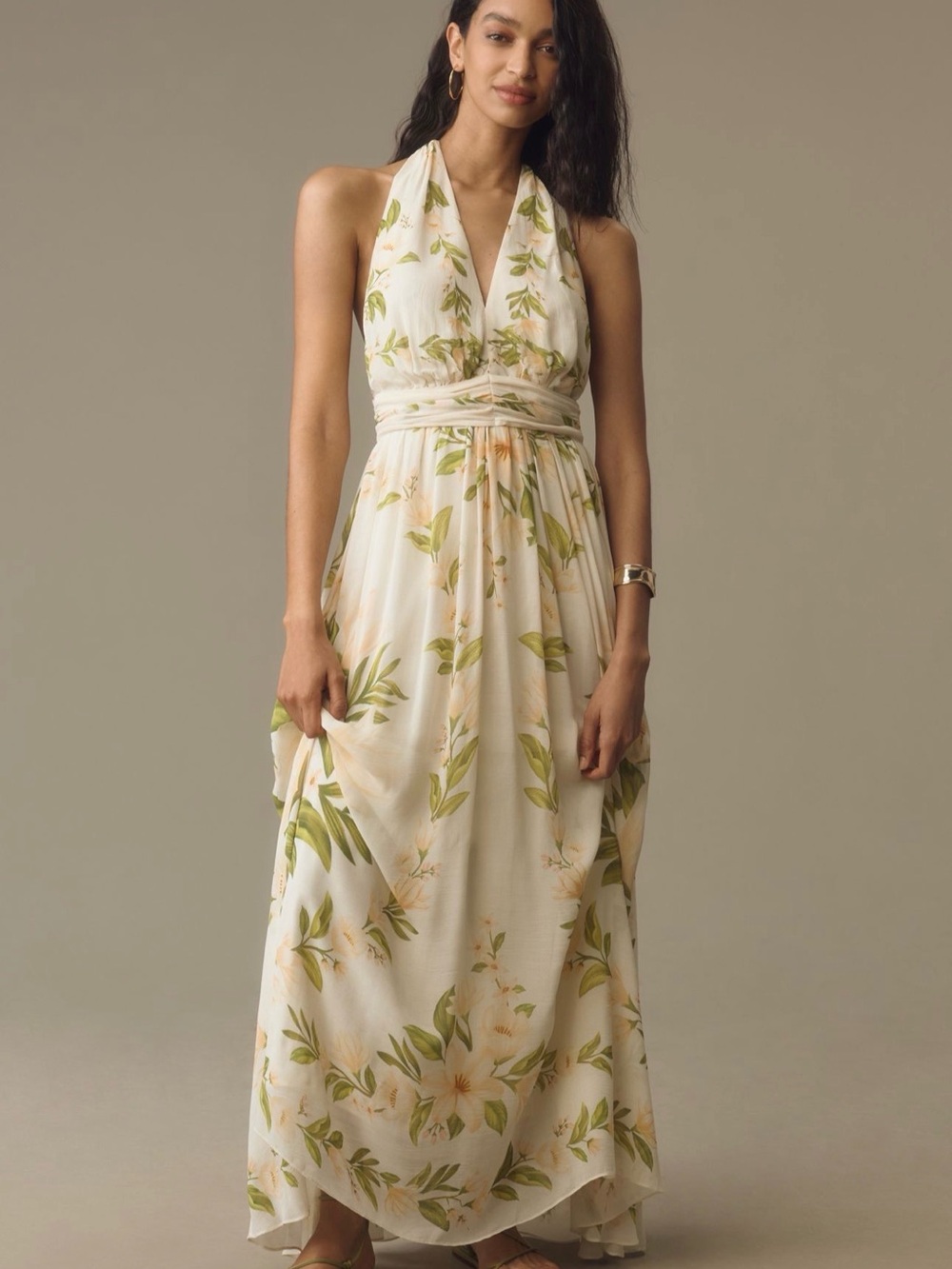 Farm Rio Anthropologie V-Neck Floral Chiffon Maxi Halter Dress Size M NWT